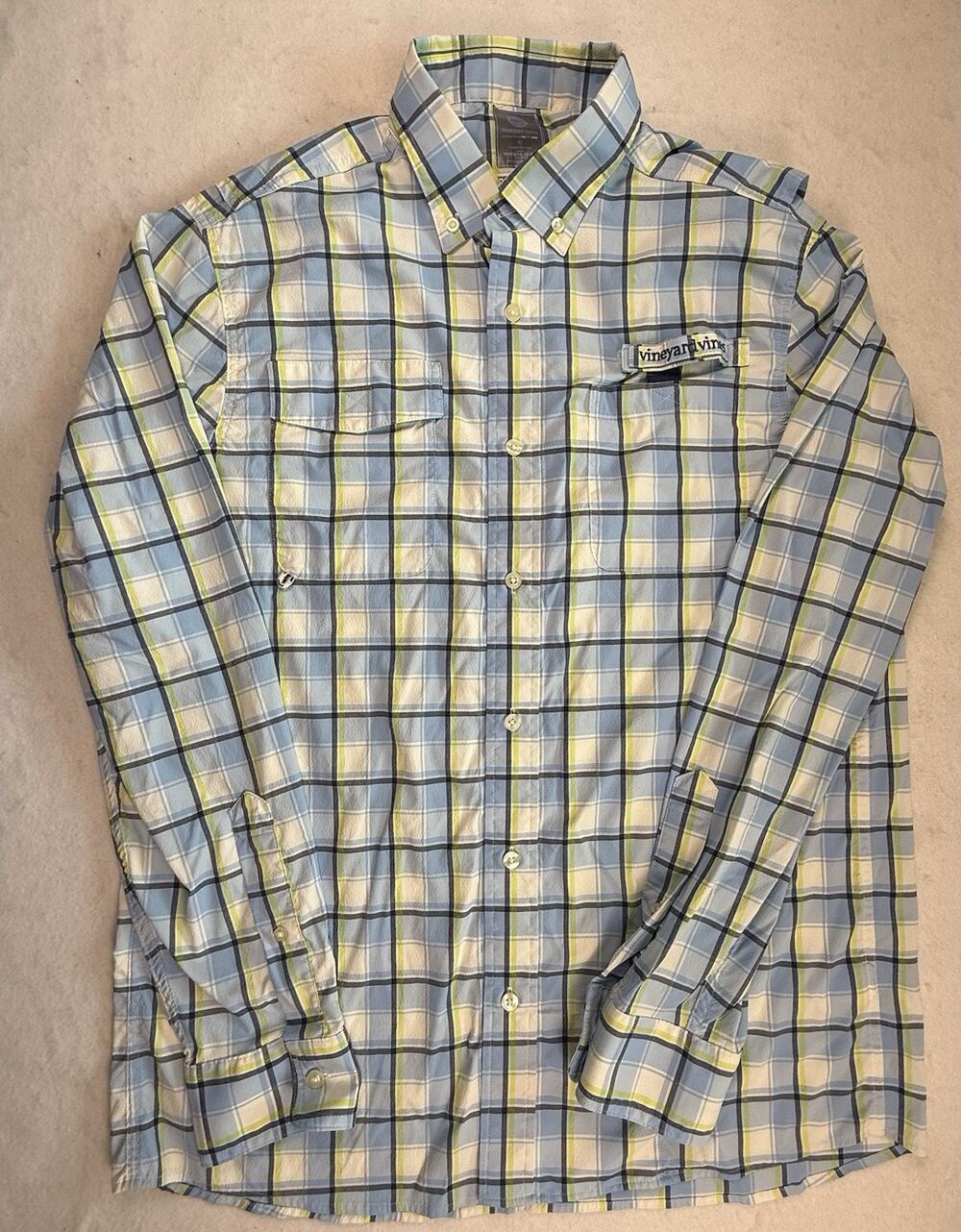 Vineyard Vines harbor shirt fishing medium blue yellow plaid Outdoors